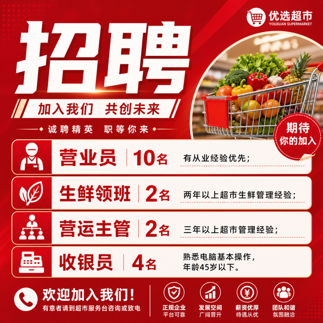 设计一张1:1正方形尺寸现代感风格的超市招聘海报，红色系列配色，主题醒目吸引人，包含完整招聘信息："招聘 营业员10名 有从业经验优先；生鲜领班2名 两年以上超市生鲜管理经验；营运主管2名 三年以上超预览效果