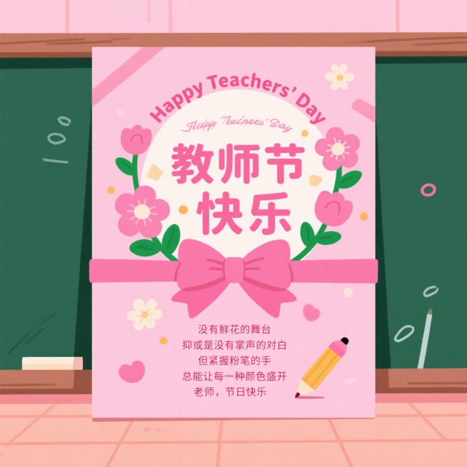 粉色系教师节贺卡，画面中央是“Happy Teachers' Day”英文和“教师节快乐”中文艺术字，周围点缀粉色花朵和粉色蝴蝶结，底部有感恩教师的文案：“没有鲜花的舞台 抑或是没有掌声的对白 但紧握预览效果