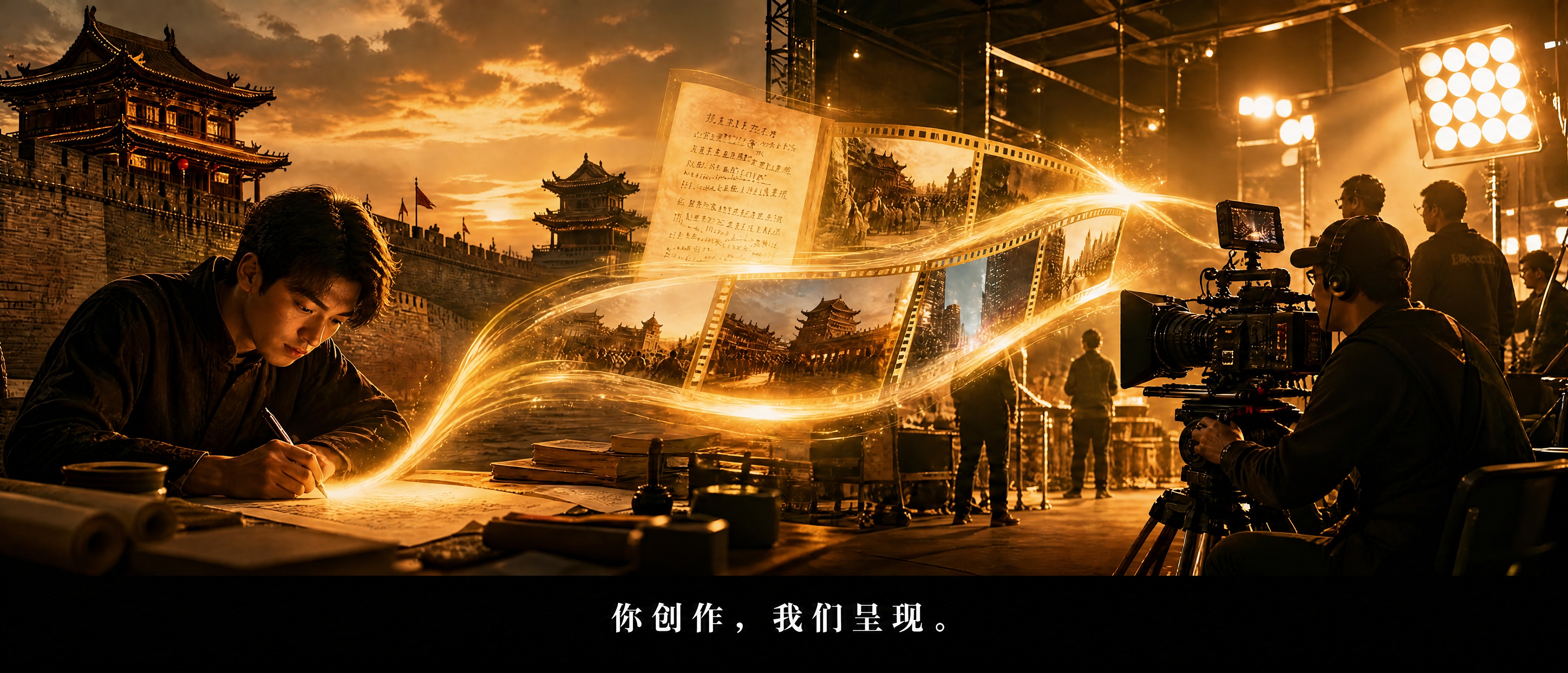 修改这张海报底部的字幕文字，只保留一句话："你创作，我们呈现。… - 图片创意预览