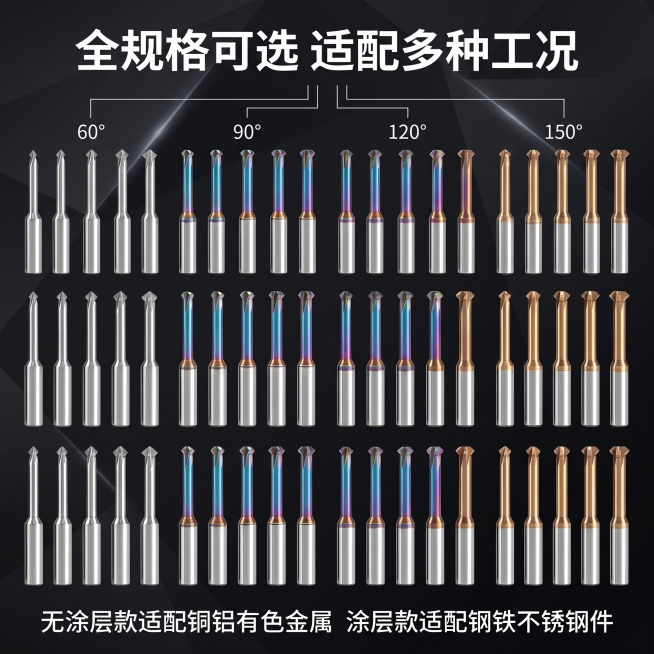[主图 6] 倒角刀全规格SKU展示主图
[氛围风格] 灰黑几何简约科技风，清晰直观陈列
[画质] 商业摄影质感，产品清晰通透，画面干净高级
[元素] 所有不同度数、不同涂层的倒角刀整齐排列展示，保持预览效果