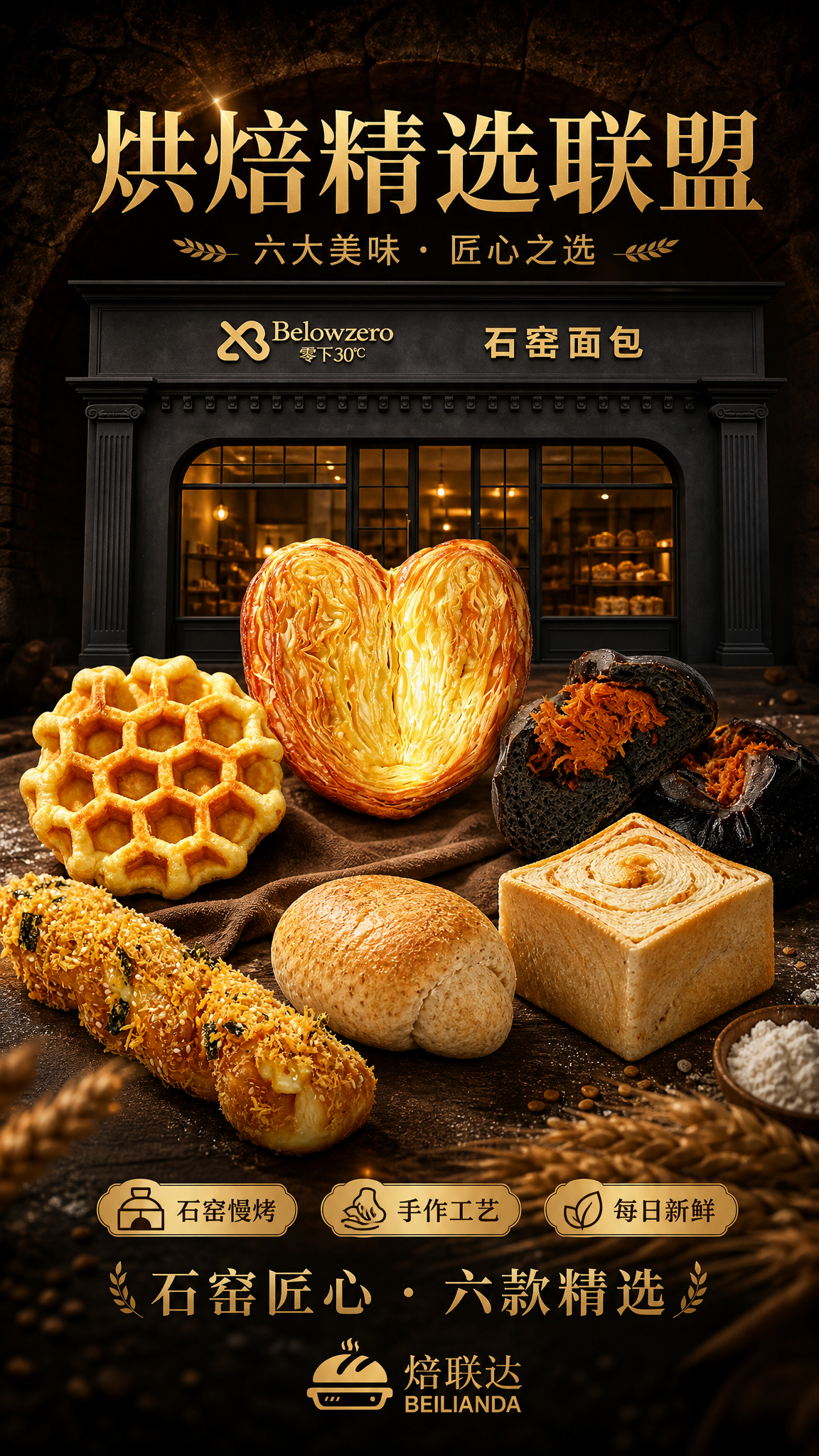 高端烘焙品牌联盟海报，竖版9:16，深炭黑与暖金色为主色调，高… - 图片创意预览
