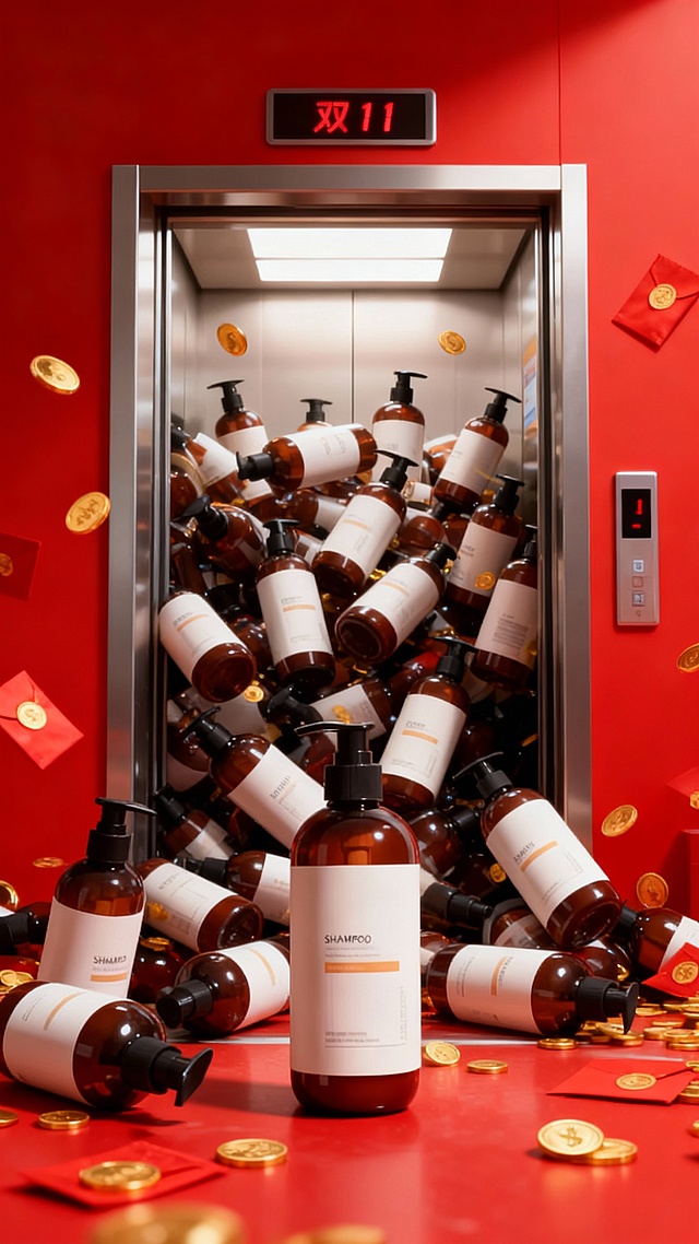 将画面中的主体提取到一个开门的电梯画面，主体重复的、拥挤的、密集且杂乱堆叠，堆满内部，从电梯中涌出到画面前方，电梯上显示屏有“双11”，点缀金币、红包，红色主色调