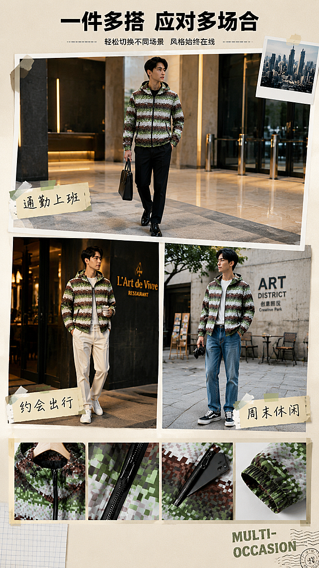 [第7张] 详情页多场景穿搭-轻奢像素条纹连帽夹克多场景搭配拼图。本张使用【图1】作为商品主体。
[氛围/风格] 生活方式画报风，多场景拼贴，都市精英感，杂志排版。
[元素布局] 采用三格竖排拼贴布局：上方大图为通勤场景（夹克+西裤+皮鞋，写字楼大堂）；中间左图为约会穿搭（夹克+休闲裤+小白鞋，高端餐厅外）；中间右图为周末休闲（夹克+牛仔裤+板鞋，艺术园区）；底部为夹克细节小图；所有场景中的夹克均保持与输入图同款同色同像素条纹迷彩；背景有拍立得相框、胶带、手写标签等拼贴元素。
[光影质感] 自然光感+室内暖光结合，不同场景有不同光影氛围，整体丰富有层次，高级感强。
[配色色系] 全局底色 #E8E3DB 浅米黄色；主色绿棕白像素条纹夹克；辅助色深蓝、黑、牛仔蓝；点缀色暖金装饰。
[视角构图] 竖版三格拼贴+底部小图，顶部标题区，每格配手写标签，阅读动线从上到下。
[文字版式] 版式为顶部标题+三格场景拼贴+底部细节。主标题「一件多搭 应对多场合」，无衬线粗体居中；每格配手写小标签：「通勤上班」「约会出行」「周末休闲」；右下角英文装饰「MULTI-OCCASION」。
[比例分辨率] 9:16 竖版比例，2K分辨率，文字清晰可辨，高清画质。
[负向提示词] 夹克变形，迷彩不一致，颜色偏差，水印，文字错乱，人物模糊，拼贴不自然。