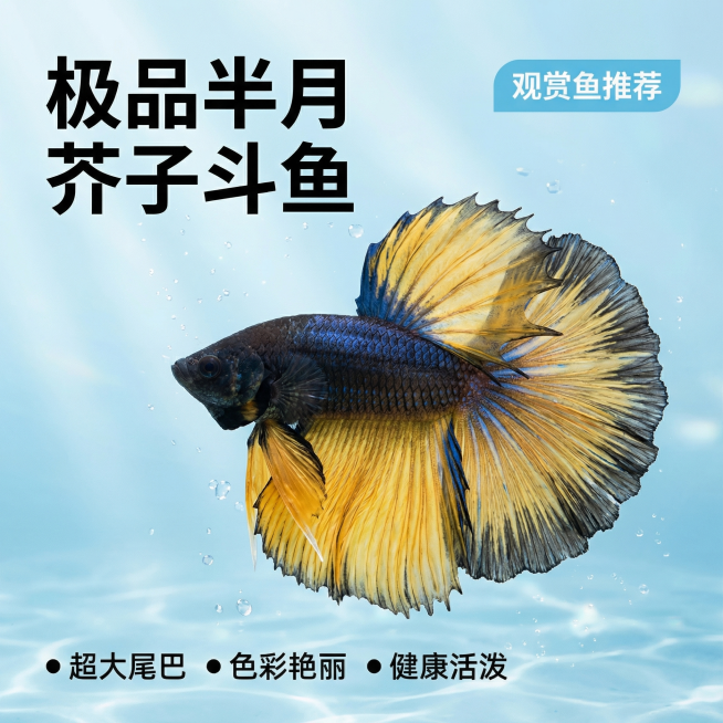 [主图 1]
[主图主题] 泰国半月芥子斗鱼展示首图
[氛围/风格] 高端水族电商风格，干净简约高级感，水下自然光影
[画面元素] 泰国斗鱼半月芥子居中展示，保持原图片的斗鱼外形和颜色完全一致：身体深预览效果