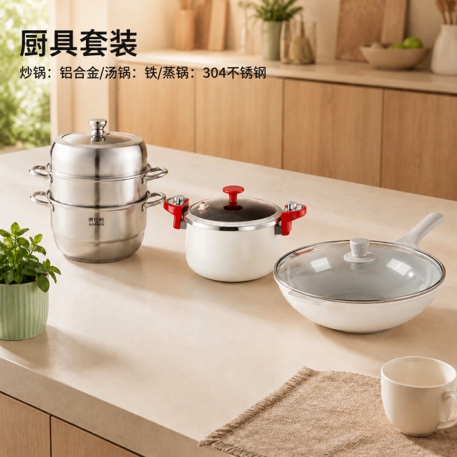 在现有图片基础上，在画面左上角添加文字：
主标题“厨具套装”，副标题“炒锅：铝合金/汤锅：铁/蒸锅：304不锈钢”，文字使用简洁黑体，深色，排版整齐不遮挡锅具产品，保持原有厨房场景、产品细节、光影和构预览效果