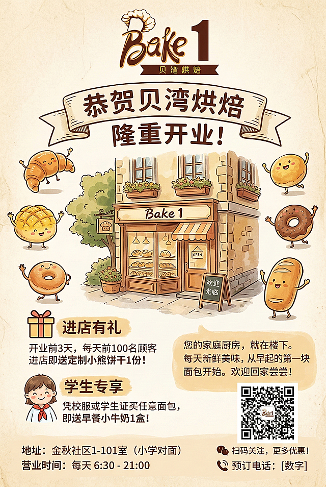 设计A4尺寸的面包店开业传单，使用提供的贝湾烘焙logo，风格温馨接地气，面向老社区居民和对面小学的学生，画面要有可爱的面包元素、开业优惠信息（如进店有礼、学生买面包送小牛奶）、社区邻里感的暖色调，突出开在老社区居民楼一楼的亲切感