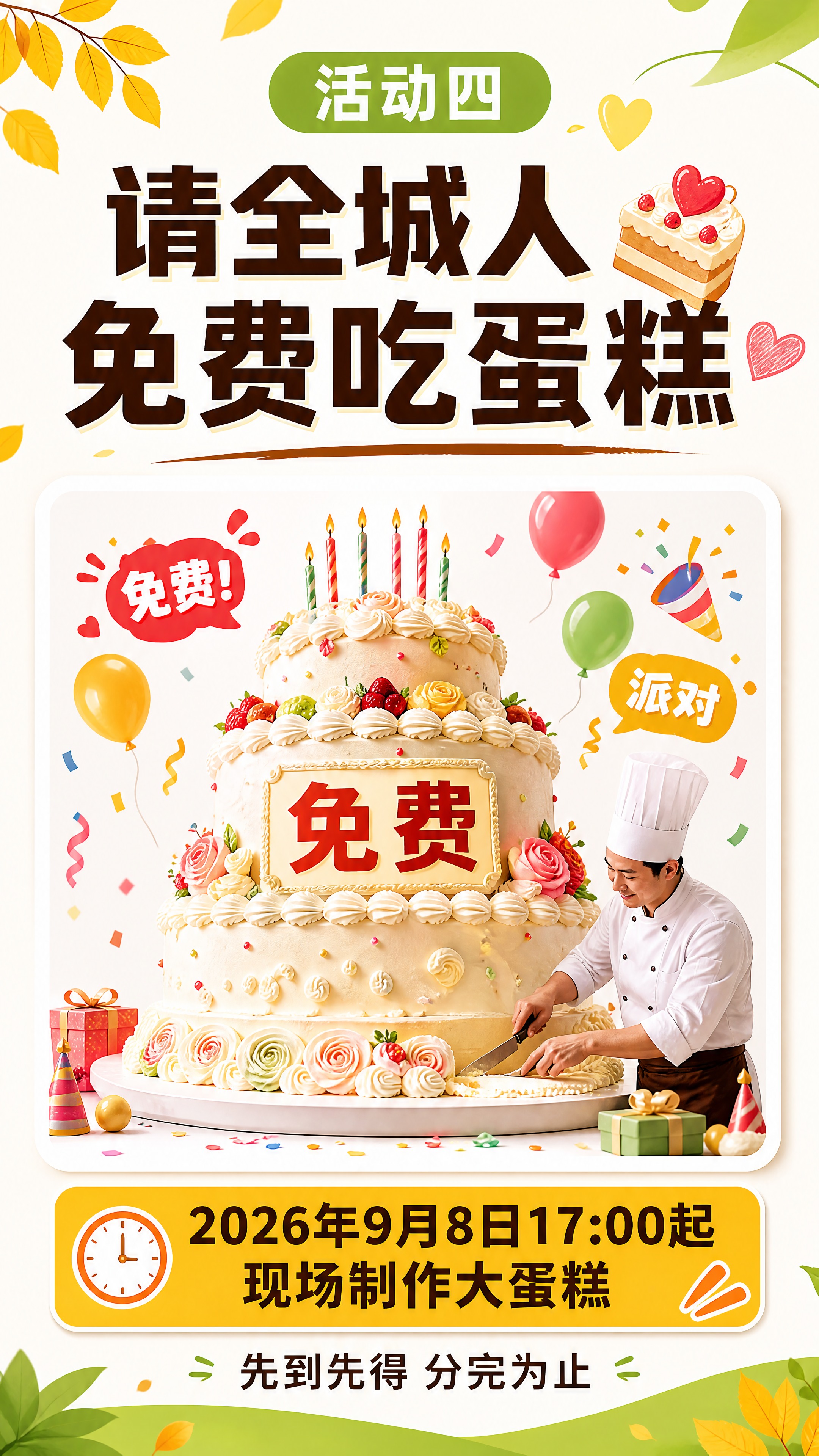 第6屏 活动四免费吃蛋糕详情模块，白色背景，秋叶黄和青草绿点缀… - 图片创意预览