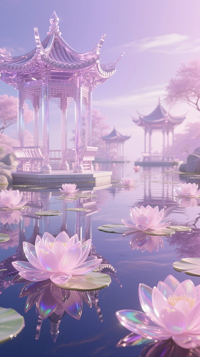 前景是镜面水面，水面错落漂着透明玻璃质感、光滑的浅粉色莲花，幻彩光泽；后景错落着透明光滑的中式飞檐凉亭；明亮柔和的粉紫色为主色调。