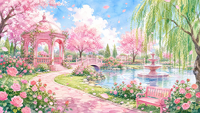 马克笔手绘水彩风格，横版构图，粉色浪漫公园场景。大片绿色草坪上种满粉色玫瑰花丛和花树，有粉色的凉亭、小桥、喷泉，蜿蜒的粉色小路穿过花园，湖边有粉色长椅，柳树垂枝，樱花树盛开，空中飘着粉色花瓣，阳光明媚，治愈系的梦幻花园，手绘质感，色彩柔和通透，无人物