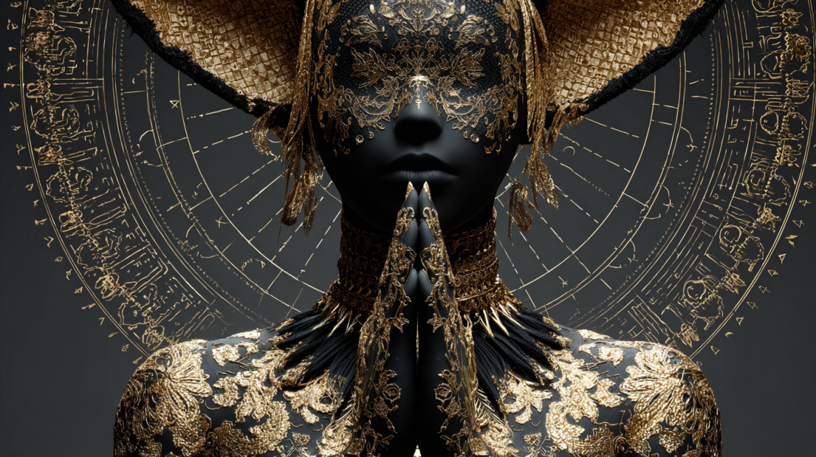 3D CG render, dark gorgeous aesthetic, black gold high contrast, female anime half silhouette, fox e预览效果
