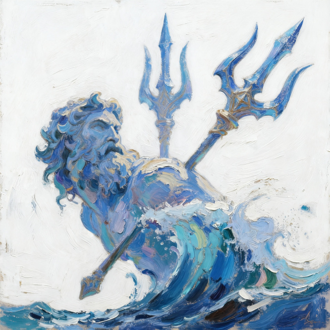 将波塞冬海神形象与三叉戟圣物融合，保持印象派油画厚涂技法，整体色调为海洋蓝色系，白色背景，融合浪花与海神身体的设计预览效果