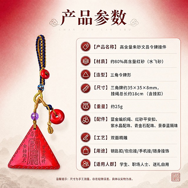 淘宝天猫电商SKU规格图，1:1正方形，高级渐变白红风格背景带细腻纸质感，红色为参考图酒红渐变调，风格统一高级。画面左侧展示朱砂文昌帝君三角令牌挂件整体图（保持产品原样不修改外观），右侧为详细规格参数表。顶部大标题："产品参数"，参数内容：【产品名称】高含量朱砂文昌令牌挂件，【材质】约80%高含量红砂（水飞砂），【造型】三角令牌形，【尺寸】三角牌约35×35×8mm，挂绳总长约18cm（含挂扣），【重量】约25g，【配件】蓝金编织绳、红砂平安扣、紫水晶配珠、青金石配珠、景泰蓝隔珠，【工艺】双面精雕，【用途】钥匙扣/包包挂/手机挂/随身挂饰，【适用人群】学生、职场人士、送礼自用。配简约中式图标，排版清晰规整，信息一目了然，符合天猫平台规则。