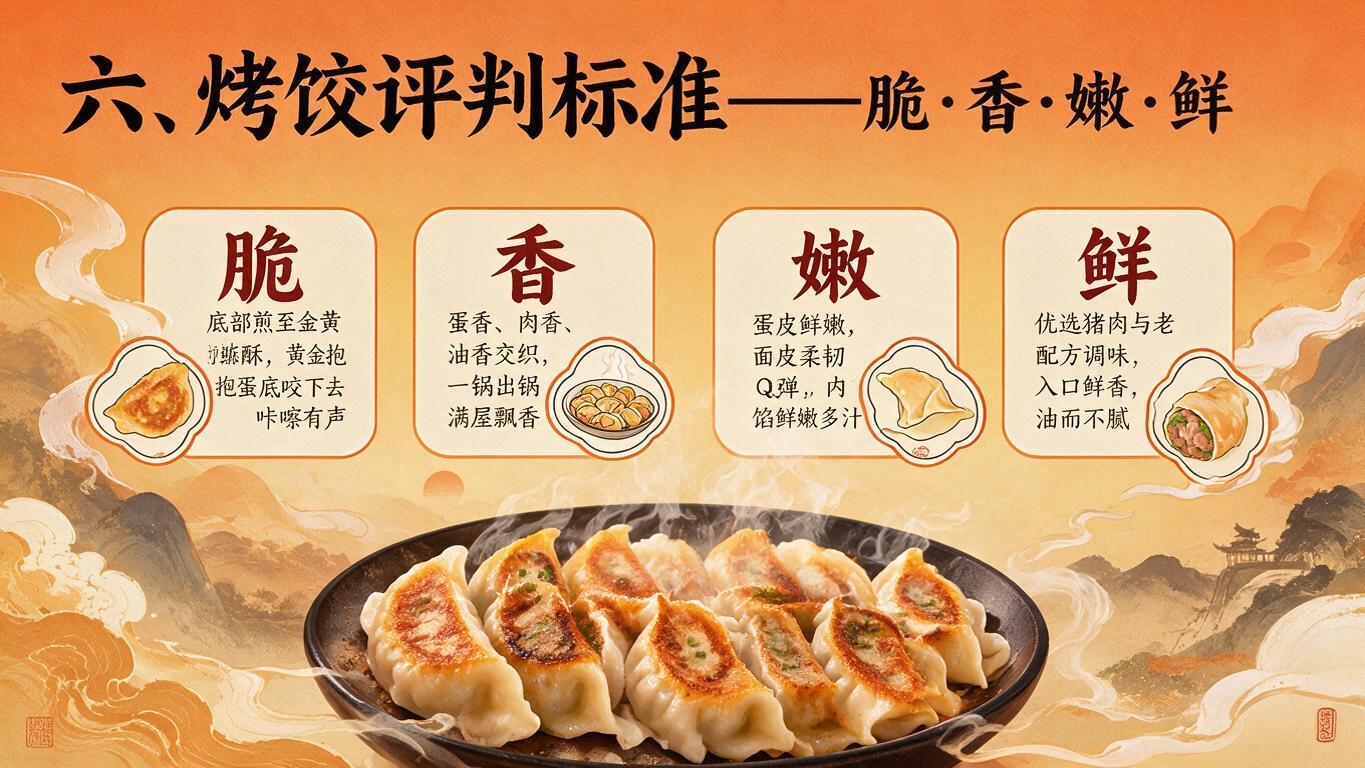 新中式国潮PPT内容页，标题"六、烤饺评判标准——脆·香·嫩·… - 图片创意预览