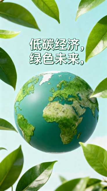 低碳经济公益宣传海报，风格简约明了，画面包含绿色地球、绿叶元素，搭配文字"低碳经济，绿色未来"，整体色调清新自然，传递环保节能可持续发展理念，设计简洁干净，重点突出。预览效果