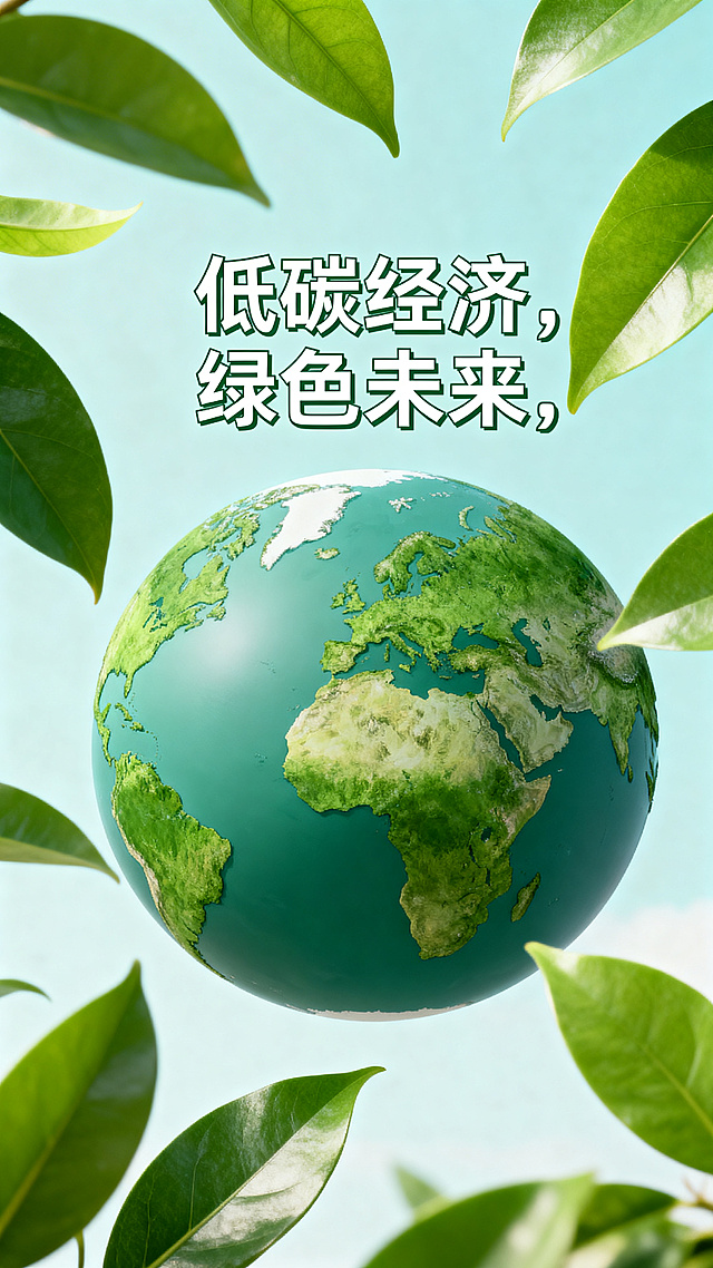 低碳经济公益宣传海报，风格简约明了，画面包含绿色地球、绿叶元素，搭配文字"低碳经济，绿色未来"，整体色调清新自然，传递环保节能可持续发展理念，设计简洁干净，重点突出。