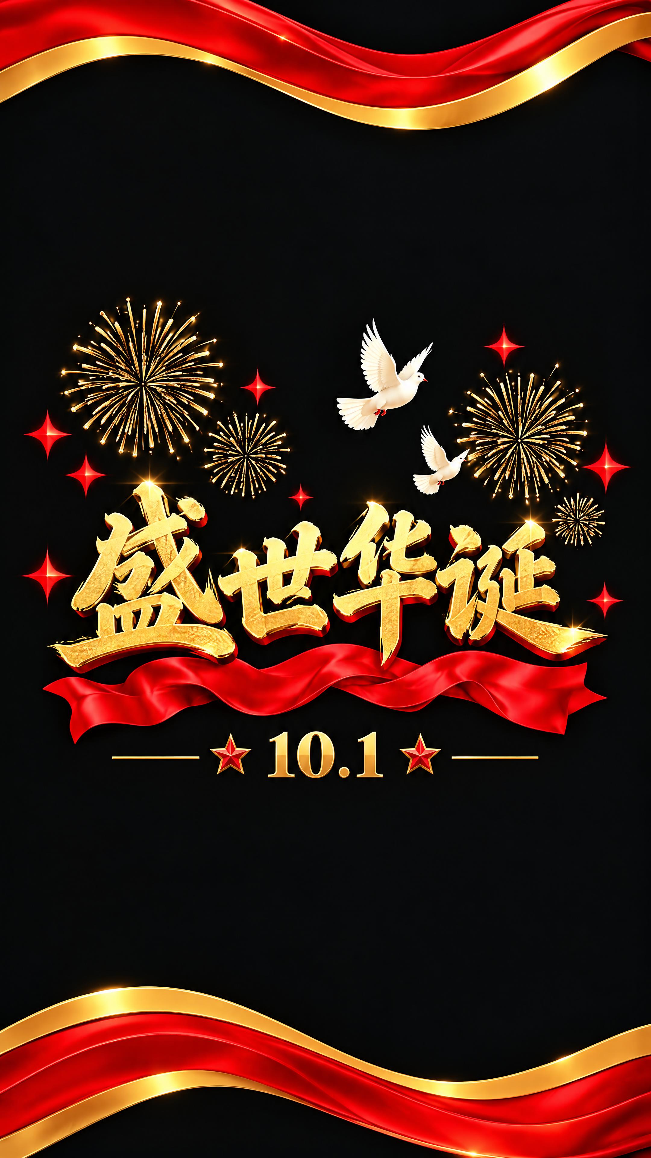 第3扇玻璃贴：黑色背景，顶部和底部红金波浪飘带，画面中央是金色… - 图片创意预览