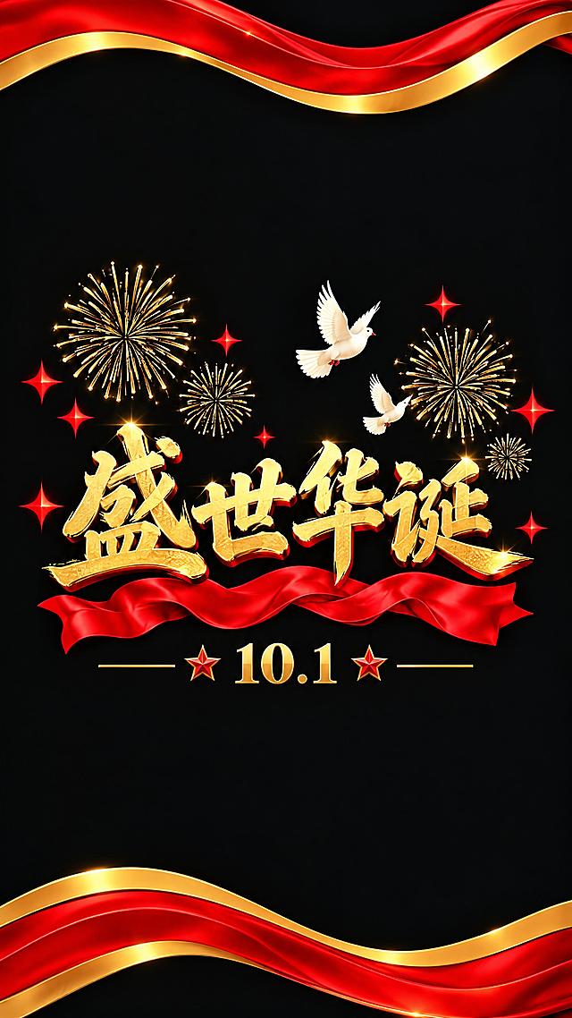 第3扇玻璃贴：黑色背景，顶部和底部红金波浪飘带，画面中央是金色立体'盛世华诞'四个大字，字下方有红色丝带和'10.1'字样配两侧红星，字上方左右有金色烟花图案和白色和平鸽飞翔，周围点缀红色四角星，居中布局，高清精致，单扇独立完整画面