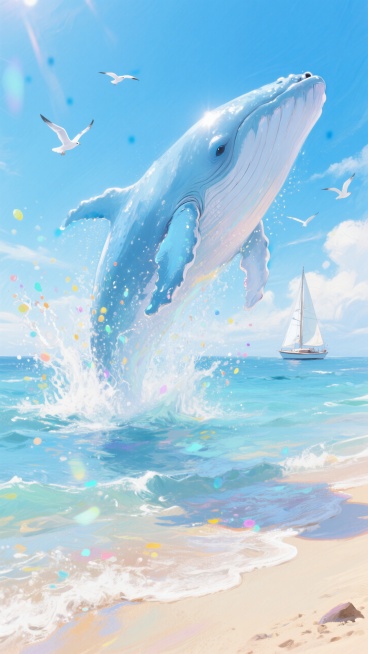 海滩上一只巨大的浅蓝色鲸鱼鲸鱼跃出水面带出点点水花，在阳光的折射下五彩斑斓的光点，背景是蓝天白云和飞过的几只海鸥，远处有驶过的帆船预览效果