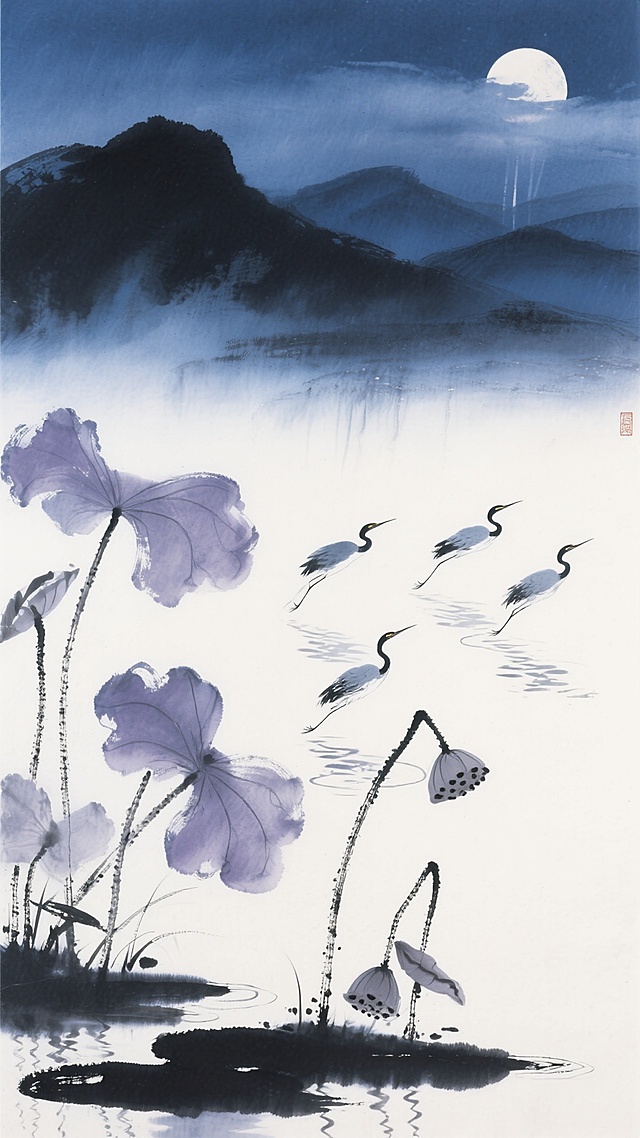 横幅构图，中国水墨画风格，靛青色宣纸上渲染着浓淡不一的墨痕纹理，近景处几株枯荷的枝干以飞白笔法斜斜掠过画面，荷叶以淡墨晕染成半透明的灰紫色，中景是层叠的远山如淡墨剪影般融入暮霭，右上角一轮残月被薄云半遮，月光化作几道淡银灰色的笔触倾泻而下，五只苍鹭呈弧线掠过月下水面，喙尖点破水面形成微小的墨色涟漪，整体色调以靛青、墨黑与月白为主，留白处仿佛笼罩着湿润的夜雾，笔触沉稳而富有呼吸感，营造出清寂深邃的秋夜意境。