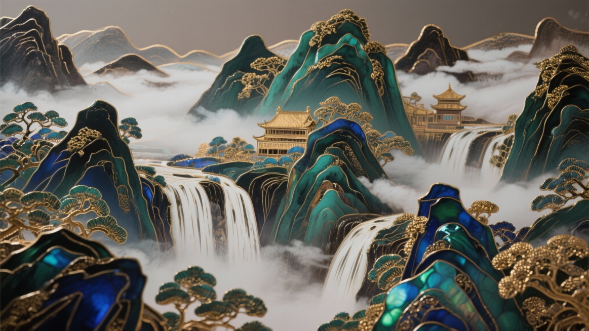 气势恢宏的山水景观，层峦叠嶂的山峰，云雾缭绕，瀑布飞流直下，远处有古寺隐约可见，整体色调沉稳大气，以墨绿、深蓝、灰褐为主，不过于鲜艳，符合电脑壁纸的构图和元素要求，风格是水墨风格，比例是16:9预览效果