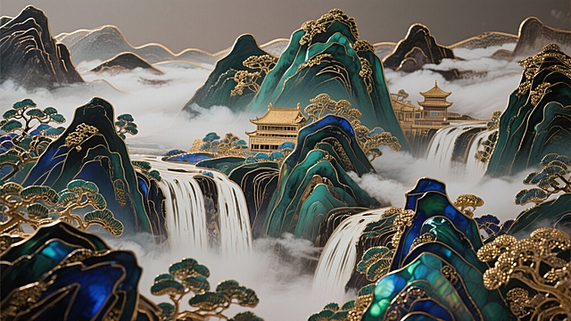 气势恢宏的山水景观，层峦叠嶂的山峰，云雾缭绕，瀑布飞流直下，远处有古寺隐约可见，整体色调沉稳大气，以墨绿、深蓝、灰褐为主，不过于鲜艳，符合电脑壁纸的构图和元素要求，风格是水墨风格，比例是16:9