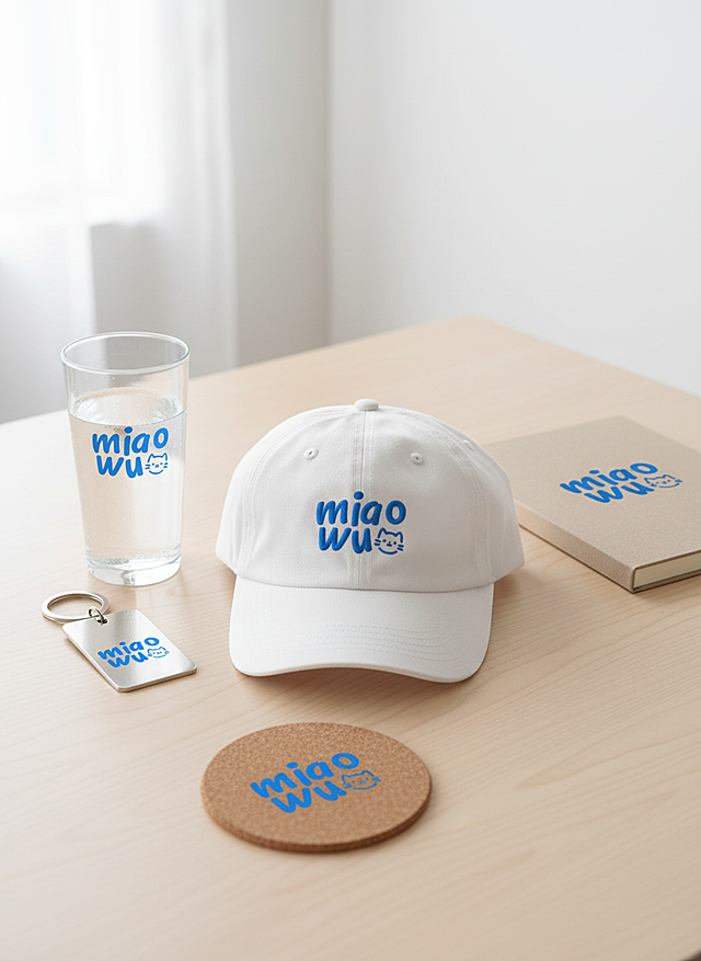 清新简约风格，轻拟物风设计，以“miao wu”为主题，展现日常用品的温馨与创意。
