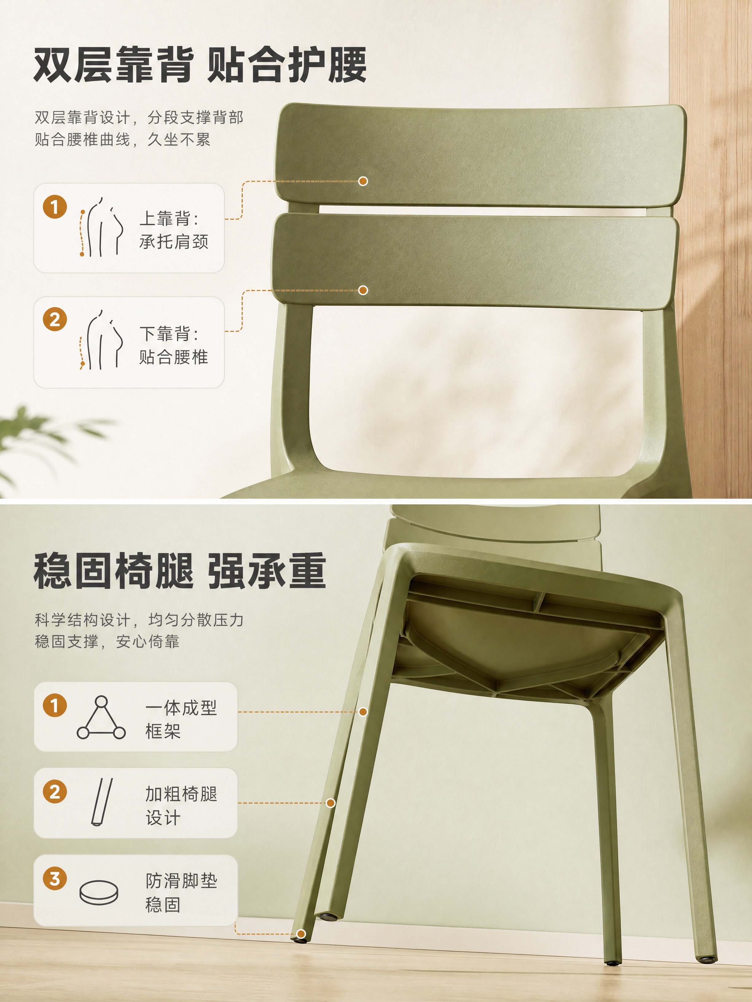 [商品] 使用【图1】抹茶绿塑料餐椅；保留一体成型结构、双层横… - 图片创意预览