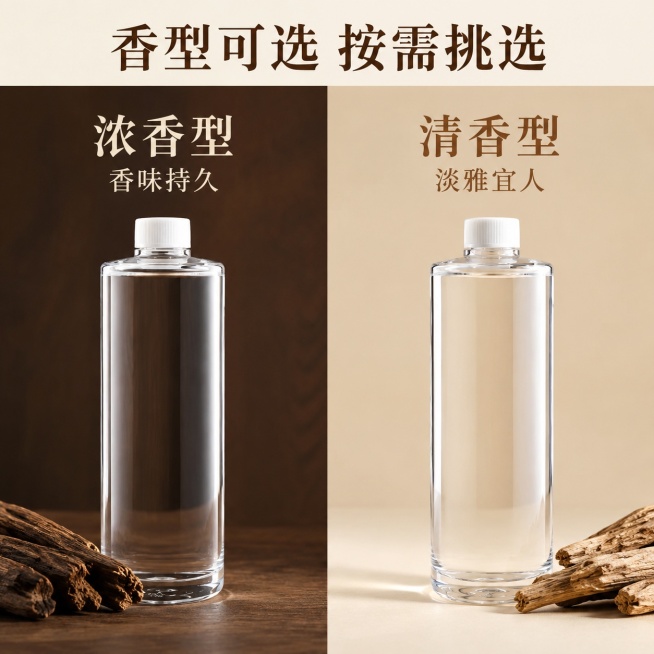 [主图-6] 香型选择展示，浓香型vs清香型
[氛围风格] 对比清晰，直观明了
[画质] 高清商业摄影，对比清晰
[元素] 左右两宫格布局，左侧展示浓香型，右侧展示清香型，两瓶沉香纯露保持外观一致，左预览效果