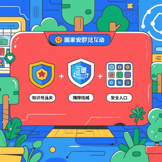 国家安全互动游戏模块核心视觉图，红蓝主色调，包含知识闯关、隐患找茬、安全连连看三个互动入口图标，盾牌元素，流动网络数据插画，生态绿植点缀，扁平化风格，科技感预览效果