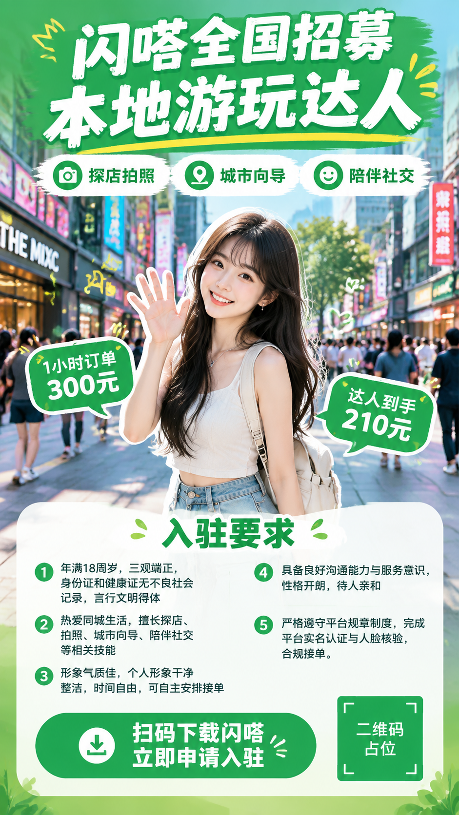 闪嗒招募本地游玩达人宣传海报，参考图风格：真人实景街拍+手绘路… - 图片创意预览