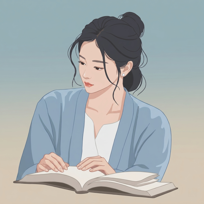 将绘画风格改为韩系扁平插画绘画风格。把耳钉改成小珍珠耳钉，修复手指为正常手指，改为正常看书动作，其他内容和构图均保持不变预览效果