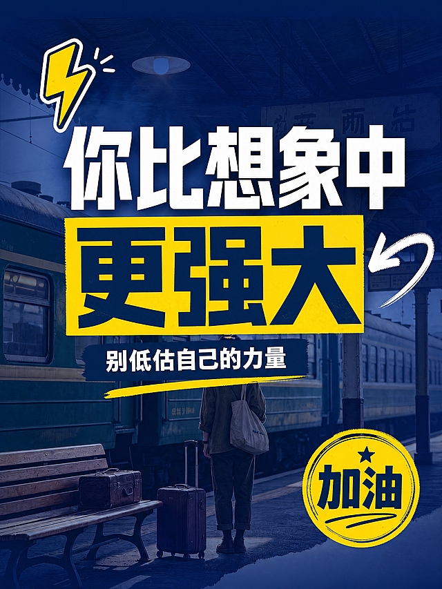 小红书笔记大字封面，配图大字，高饱和撞色励志风，版式精美，小红书笔记封面质感，适合信息流点击。主标题必须完整呈现且为画面视觉中心，逐字锁定：「你比想象中更强大」。主标题字号占画面约60%视觉权重，清晰可读，不得增删改字。副标题：「别低估自己的力量」。背景：采用【图1】火车站台场景作底图，叠加深蓝色半透明强遮罩，整体色调偏冷蓝调，营造力量感。标题排版：超粗黑体，纯白色大字，居中排版，部分关键词「更强大」用亮黄色高亮色块底框突出，采用配图大字I18底图+半透明文本框策略。装饰：左上角1个闪电emoji贴纸；主标题右侧加一个手绘粗箭头指向标题；右下角加一个圆形徽章式角标写着「加油」。整体氛围：热血励志、充满力量、燃系正能量。画质：高清细腻，信息层级清晰，主标题与背景强对比，文字完整处于安全区内不可裁切，四周留安全边距。画面比例3:4，4K。图生图：严格使用用户上传图片，【图1】= 场景底图，顺序与上传一致。