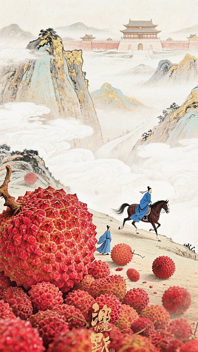 古典中式工笔风，鎏金微缩艺术，超现实主义荔枝山，骑马人物穿梭其间。
