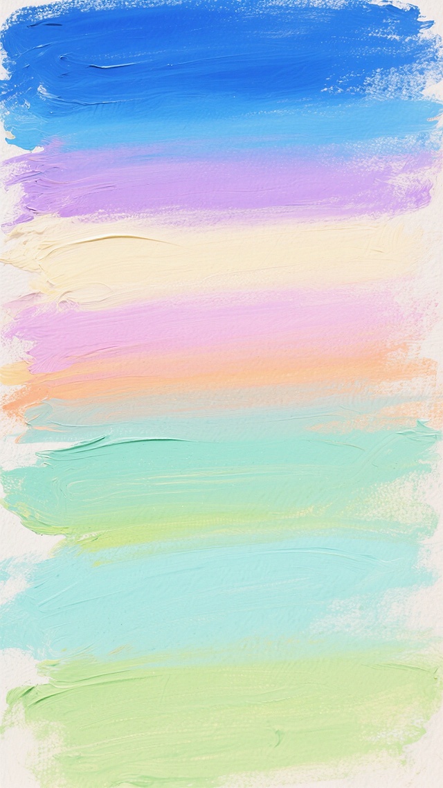 油画风格的抽象背景，画面由上至下呈现出丰富的色彩渐变，顶部是深邃的靛蓝色和明亮的天蓝色笔触交织，过渡到柔和的粉紫色块，中间区域以温暖的米黄色和淡橙色为主，底部则是清新的浅绿色和薄荷色，色彩之间融合自然且带有明显的油画笔触纹理，整体色调明快和谐，营造出宁静而充满希望的氛围，具有细腻的色彩层次和肌理感。