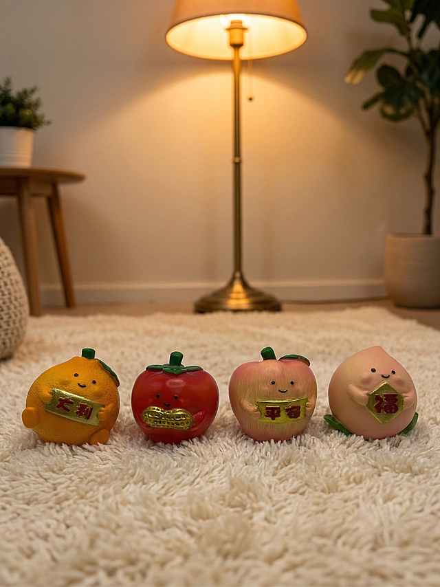 将背景替换为温馨家居场景，有柔软的地毯、温暖的落地灯，四款摆件排列整齐，外形保持不变