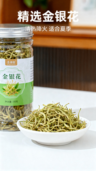 商品轮播图，展示罐装金银花单品图，瓶装包装搭配白碗盛出的金银花干货，原色干货自然清新，文字“精选金银花 清热降火 适合夏季”，干净白底背景，高清商品图，电商通用风格，不要带有拼多多字样预览效果