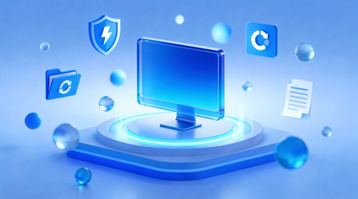 参考上传的透明玻璃质感、渐变蓝配色、科技线条风格，中心是放大的蓝色无屏幕内容电脑，置于带光效的展台上，周围悬浮着更虚化的同风格元素：盾牌中心闪电（安全守护）、文件夹中心循环图标（文件转移）、文件、虚实预览效果