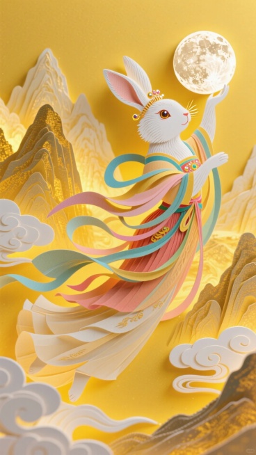 大全景，一只巨大的玉兔（穿着嫦娥的服饰）呈飞天姿势，兔子眼睛珠光效果，托月（悬浮在空中，裙摆飘逸，飞舞，极致的动态），金色仙境：层峦叠嶂的山脉，白色祥云环绕，黄色背景，背面透光预览效果