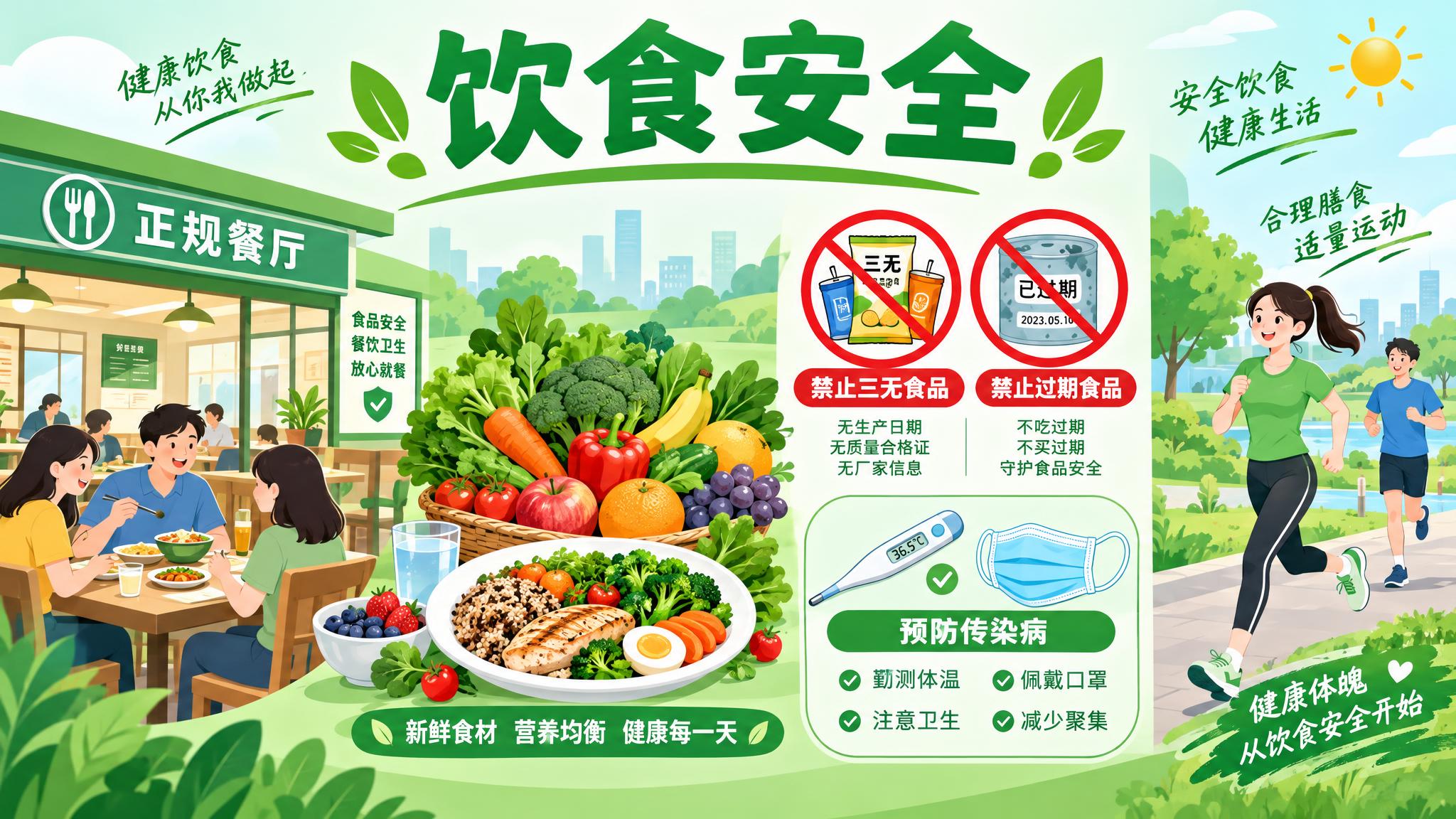 饮食安全主题插画，16:9横版构图。画面展示健康饮食主题，左侧… - 图片创意预览