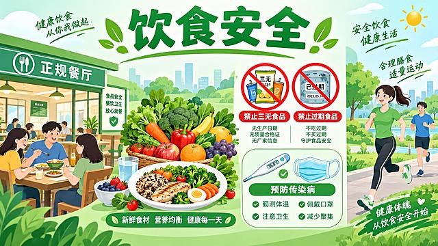 饮食安全主题插画，16:9横版构图。画面展示健康饮食主题，左侧有正规餐厅就餐场景，中间有新鲜蔬菜水果和健康餐盘，右侧有运动锻炼的人物形象，画面中有禁止三无食品、禁止过期食品的警示图标，还有体温计和口罩表示预防传染病，绿色健康色调，扁平插画风格，画面上方有'饮食安全'四个大字，整体氛围健康活力