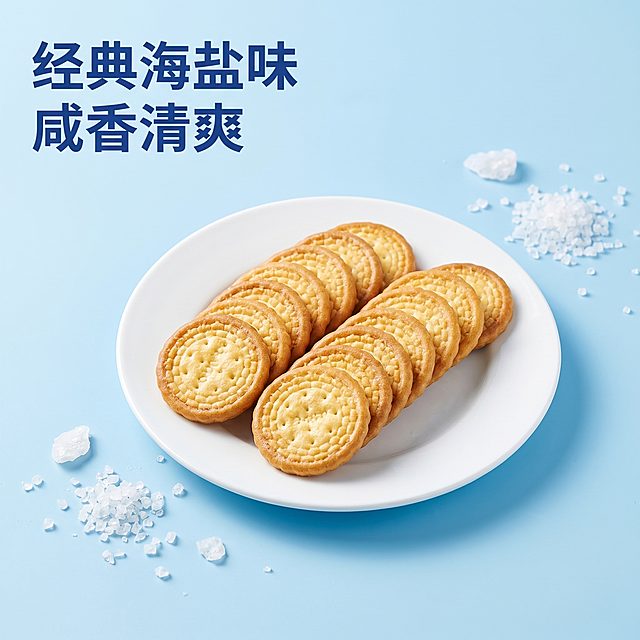 [轮播图 13] 海盐味日式小圆饼展示，突出咸香清爽口感。
[氛围风格] 清新清爽风，突出海盐特色。
[画质] 商业摄影质感、光线柔和通透、产品清晰真实、画面干净高级。
[元素] 海盐味日式小圆饼居中摆放，旁边放少量天然海盐颗粒作为点缀，展示咸香风味特点，饼干色泽金黄均匀。保持饼干外观与原图一致，颜色纹理准确。主体占比约70%，背景浅蓝色干净简洁。
[光影] 清新冷调自然光，突出饼干金黄和海盐颗粒晶光感。
[配色] 浅蓝背景衬托饼干金黄，清新干净。
[文字版式] 左上角标题 "经典海盐味 咸香清爽" 深蓝色粗体，清晰不遮挡主体。
[比例分辨率] 1:1 比例，2k 分辨率，文字清晰可辨，超高清。
[负向提示词] 变形，水印，文字错乱，产品图模糊，背景杂乱，遮挡主体
