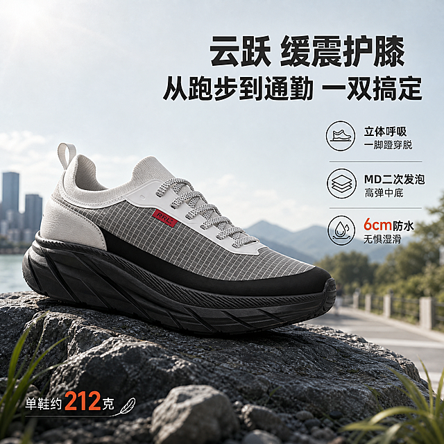 [主图-1] 核心卖点首图，主题为云跃多功能缓震运动鞋，突出从跑步到通勤全场景适配与缓震护膝核心卖点。
[统一基调] 高级户外机能风，整体以深灰、雾蓝、浅米为主色调，强调色用活力橙红点缀；字体为无衬线粗体中文，主标题大字粗黑，副标题缩小60%，图标为线性机能风；画面干净专业，传递品质靠谱感。
[画面] 鞋子以侧面45度微仰视角置于画面中央偏左，占画面约65%，鞋型完整不切割，鞋面灰黑格纹牛津布、白色袜套鞋口、黑色厚中底、TPU支撑条与红色小标全部保留原样；鞋子放置在一块深灰色岩石平台上，背景是虚化的城市步道与远山树林交界场景，近处有少量碎石和草叶，营造户外与城市衔接的全场景氛围；右侧留大面积负空间排版。
[光影质感] 商业摄影质感，自然光从左上方打来，鞋身左侧有柔和高光，右侧自然过渡阴影，鞋底下方有真实接触阴影，岩石表面有细微纹理反光，整体通透有层次。
[配色] 背景以雾蓝灰渐变为主，岩石深灰，鞋子保持原灰黑白红配色；标题字深灰近黑，辅助字中灰，强调数字用橙红色。
[文字版式] 右上角主标题大字两行：「云跃 缓震护膝」「从跑步到通勤 一双搞定」；主标题下方三行小副标题配小图标：「立体呼吸 一脚蹬穿脱」「MD二次发泡高弹中底」「6cm防水 无惧湿滑」；左下角放「单鞋约212克」轻量参数小字；所有文字横排，不遮挡鞋身关键结构。
[输出要求] 1:1正方形，2048px，文字清晰锐利，产品轮廓清晰无变形；禁止出现平台Logo、水印、错字、模糊、杂乱背景、悬浮感、鞋型变形、颜色偏差。