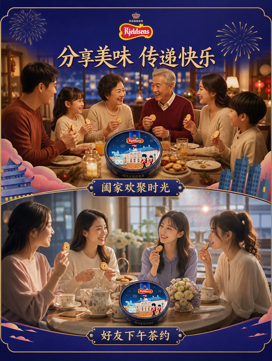 丹麦蓝罐曲奇分享页，上下分两板块：上半部分家人分享场景（餐桌一… - 图片创意预览
