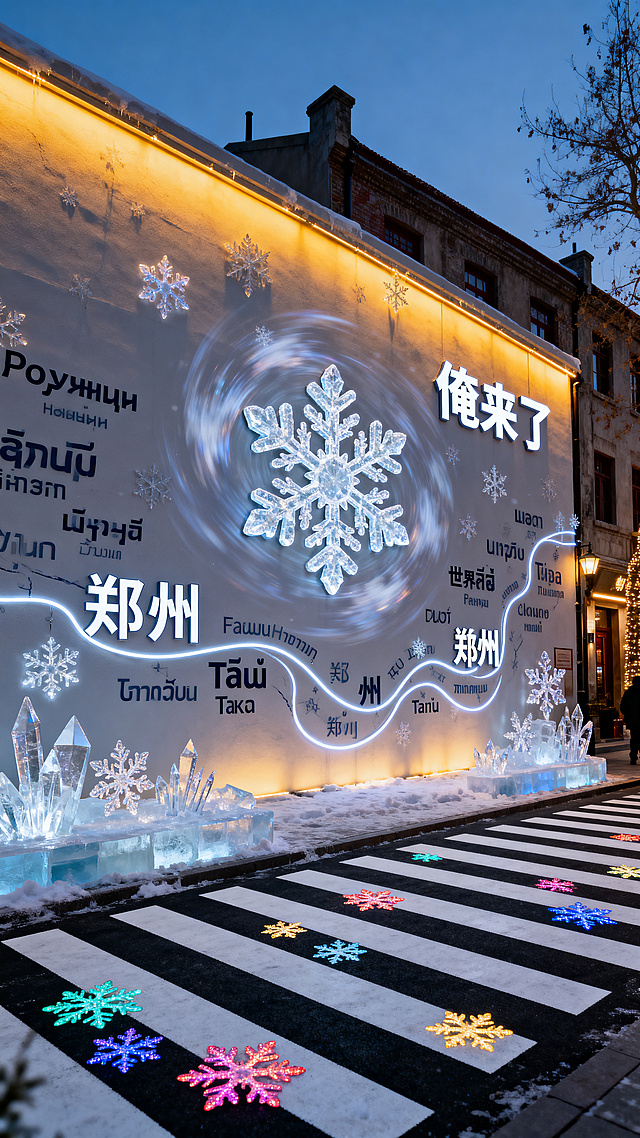 郑州百年老街冰雪装置场景：墙中央巨型雪花缓缓旋转，周围用俄语、韩语、泰语等数十种语言书写"郑州"形成流动的世界语言地图，右上角有亲切方言文字"俺来了"；通向主街的斑马线上黑白条纹间点缀彩色雪花，"郑州"多语种译名随线条延伸，夜幕降临暖黄光晕亮起，冰雪装饰剔透生辉，整体氛围浪漫包容，百年老街化身开放窗口