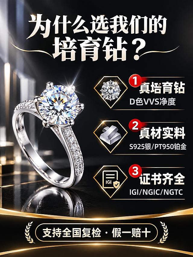 [商品] 使用【图6】2克拉六爪培育钻女戒；保留六爪镶嵌、主石切工、排钻戒臂、银白色金属材质；增强钻石火彩，不改变款式结构。
[画面] 目标：核心卖点海报，3大核心利益点直击用户，拼多多风格信息密度高。构图：左侧戒指斜侧立展示，右侧三行大卖点纵向排列；背景深黑渐变，底部金色装饰线；每个卖点配钻石形图标+大字说明。主体占画面40%，景别为产品侧颜中景。
[视觉] 套系策略：风格=拼多多高性价比轻奢珠宝风；标题字=粗黑醒目字体+衬线点缀；正文字=清晰黑体；主色=深邃炭黑+银白；背景延展=深黑渐变+镜面反光+几何光柱道具；强调色=香槟金+中国红，香槟金用于装饰线，红色用于价格/利益标签；标题色=珍珠白；正文色=浅银灰；组件=红底白字标签、金线信息卡、钻石形图标；光影=左前侧45度硬柔光，突出钻石火彩与金属高光。
[文字] 顶部主标题「为什么选我们的培育钻？」；右侧3大卖点大字：「① 真培育钻 · D色VVS净度」「② 真材实料 · S925银/PT950铂金」「③ 证书齐全 · IGI/NGIC/NGTC」；底部小字「支持全国复检 · 假一赔十」；全部横向排版，字号大层级清，手机端一眼看清。
[规格] 图片比例3:4竖版，2K分辨率，负向提示：避免变形、错字、文字过小、戒指结构改变、莫桑钻字样、18K金字样、礼盒包装、极限词、竖排文字。