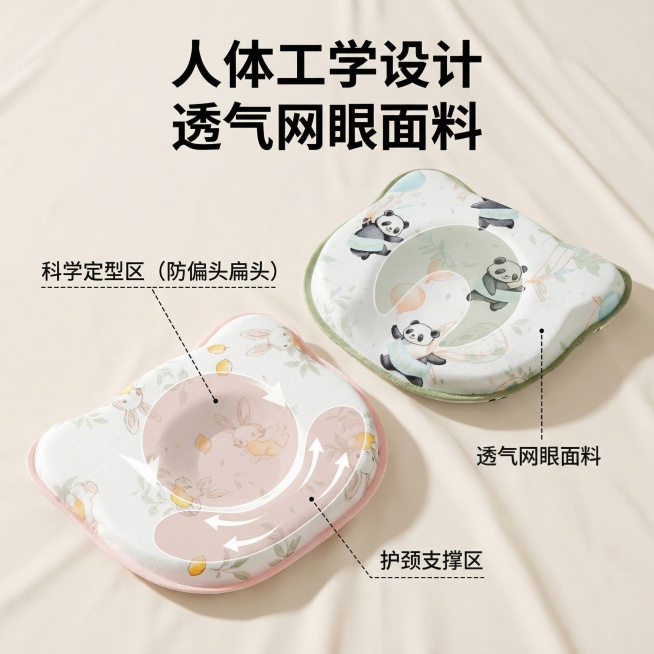 婴儿定型枕商品主图，展示产品科学定型预防偏头扁头的设计结构，突出护颈功能，简约风格，适配淘宝天猫平台，干净浅色背景预览效果