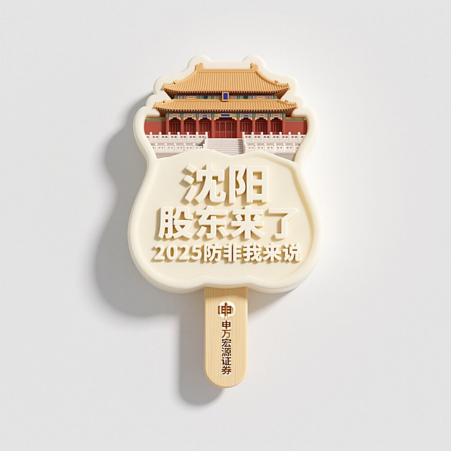 文创雪糕，画面主体为沈阳故宫立体场景，不规则雪糕造型，文字“沈阳 股东来了2025防非我来说”合理排版，单一配色，雪糕棒上的问题替换为“申万宏源证券”