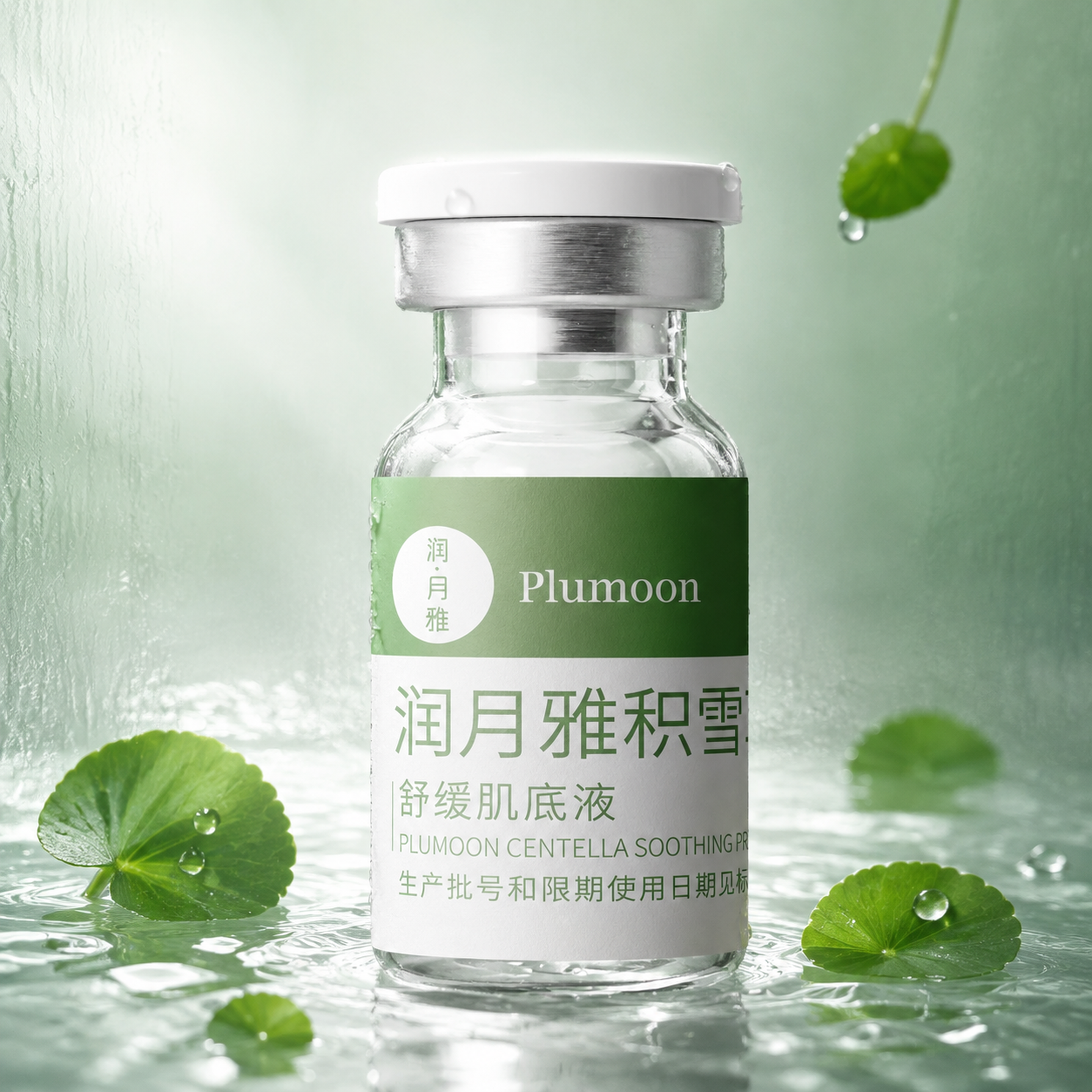 超写实美妆产品摄影，水漾清透东方禅意风格。 主体：护肤品玻璃瓶… - 图片创意预览
