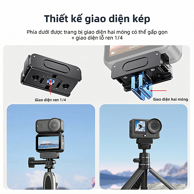 编辑这张图片，将所有英文文字翻译成越南语：
原标题"Dual Interface Design"翻译为"Thiết kế giao diện kép"
原副标题"Bottom equipped with foldable two claw interface +1/4 threaded hole interface"翻译为"Phía dưới được trang bị giao diện hai móng có thể gấp gọn + giao diện lỗ ren 1/4"
原标注"1/4 Threaded Interface"翻译为"Giao diện ren 1/4"
原标注"Two Claw Interface"翻译为"Giao diện hai móng"
保持整体构图、产品位置、风格、配色不变，仅修改文字内容。