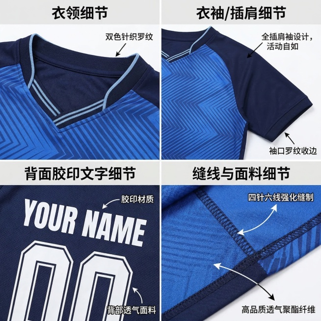 根据图片，输出产品足球衣衣领/衣袖/背面胶印文字/缝线细节图，四宫格排版预览效果